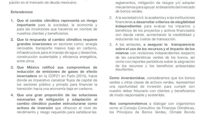 Declaración de Inversionistas a favor del Financiamiento de Bonos Verdes en México - BMV, CCFC, CBI