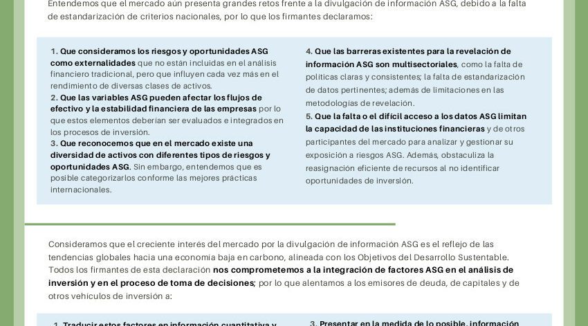 Declaración de inversionistas sobre divulgación de información Ambiental, Social y de Gobierno Corporativo en México - CCFV
