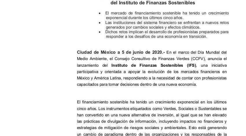 Boletín prensa sobre la creación del Instituto de Finanzas Sostenibles de BMV