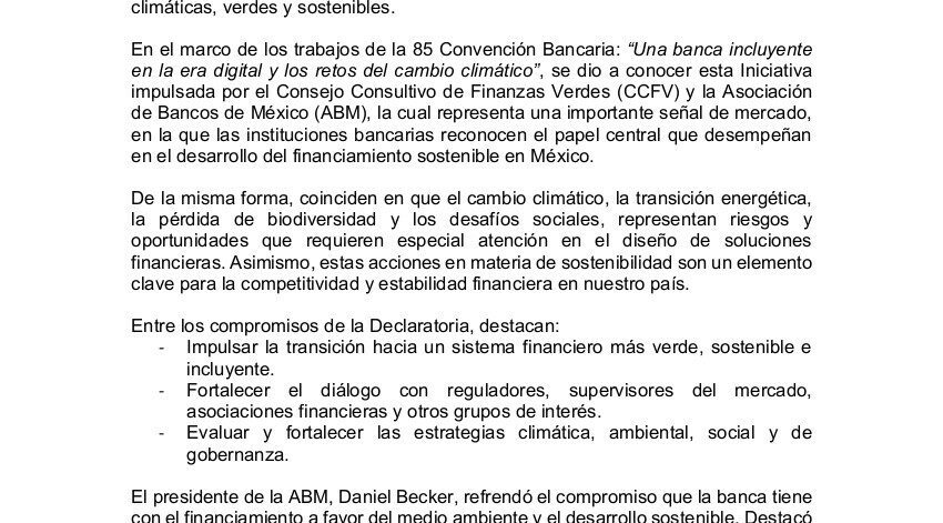 Comunicado - Declaratoria Sector Bancario - CCFV y ABM