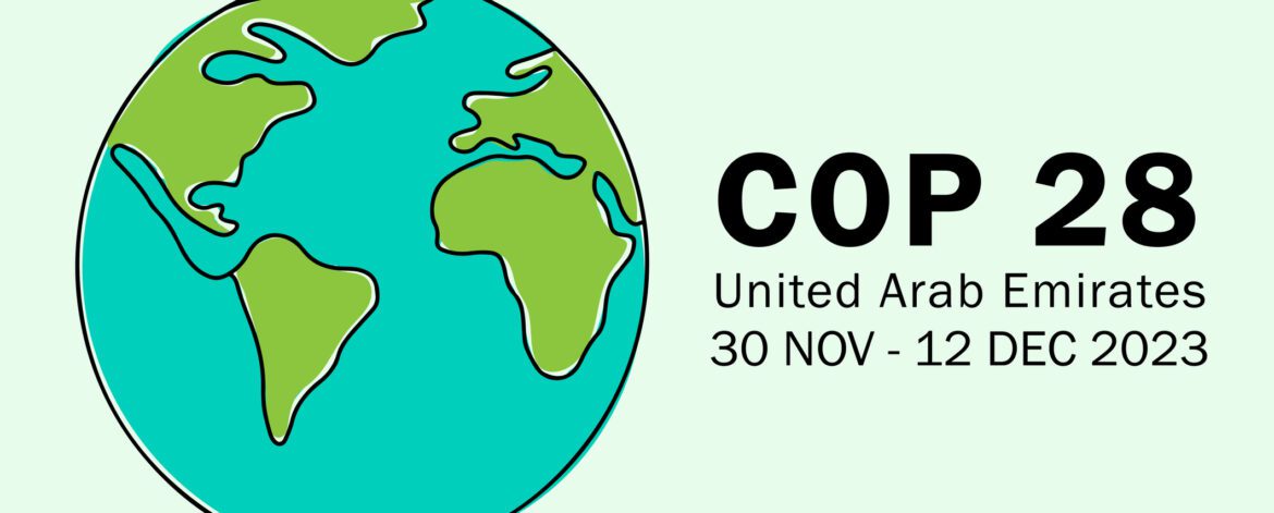 UN Climate Change Conference 2023 UNFCCC COP 28 vector banner design with planet outline color icon. International climat change summit poster